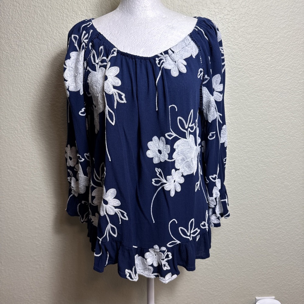 LIV Los Angeles Blouse Womens Medium Navy Floral Embroidery Peasant Ruffle Shirt